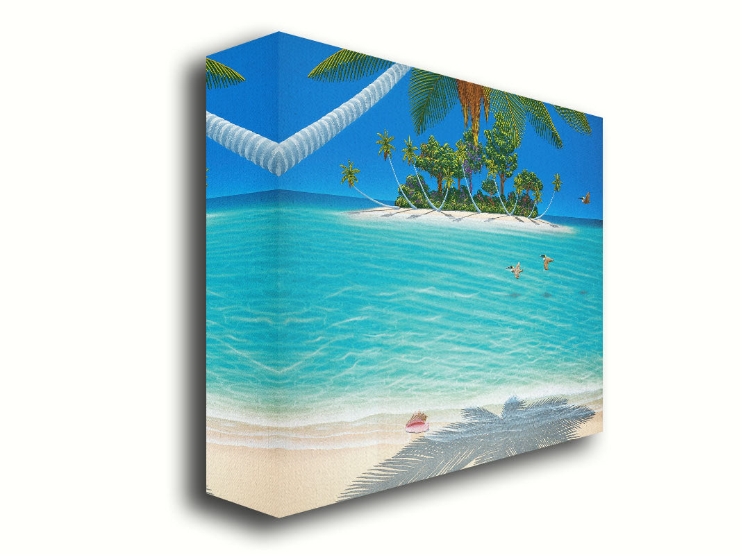 A painting of a beach scene, looking out over the sea toward an island. Palm trees grow reaching out over the ocean, and three pelicans fly low over the water. Printed on canvas.