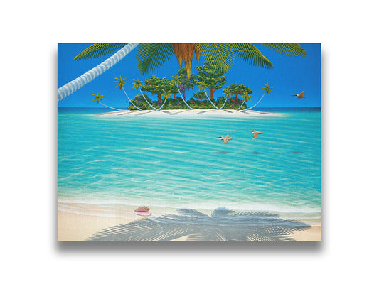 A painting of a beach scene, looking out over the sea toward an island. Palm trees grow reaching out over the ocean, and three pelicans fly low over the water. Printed on canvas.