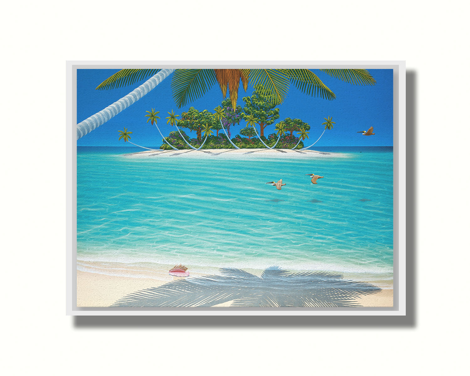 A painting of a beach scene, looking out over the sea toward an island. Palm trees grow reaching out over the ocean, and three pelicans fly low over the water. Printed on canvas in a float frame.