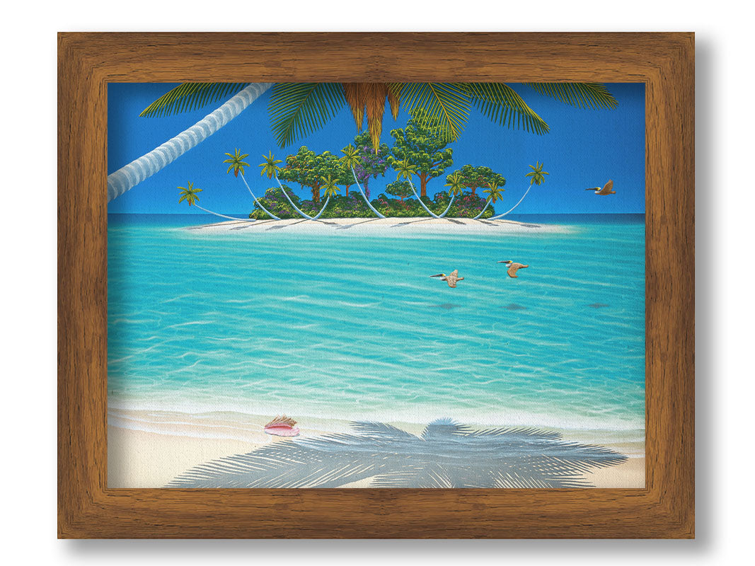 A painting of a beach scene, looking out over the sea toward an island. Palm trees grow reaching out over the ocean, and three pelicans fly low over the water. Printed on canvas and framed.