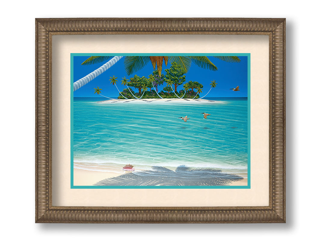 A painting of a beach scene, looking out over the sea toward an island. Palm trees grow reaching out over the ocean, and three pelicans fly low over the water. Printed on paper, matted, and framed.