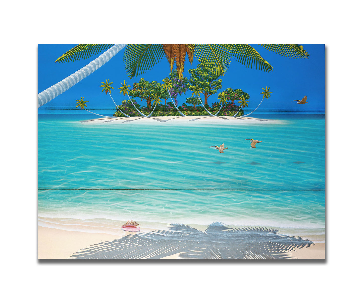 A painting of a beach scene, looking out over the sea toward an island. Palm trees grow reaching out over the ocean, and three pelicans fly low over the water. Printed on a box board.