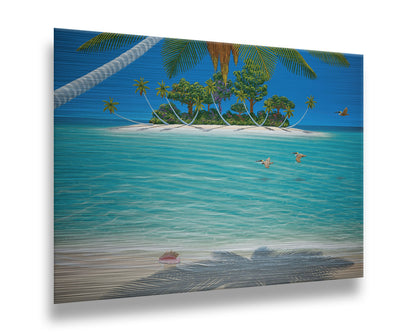 A painting of a beach scene, looking out over the sea toward an island. Palm trees grow reaching out over the ocean, and three pelicans fly low over the water. Printed on metal.