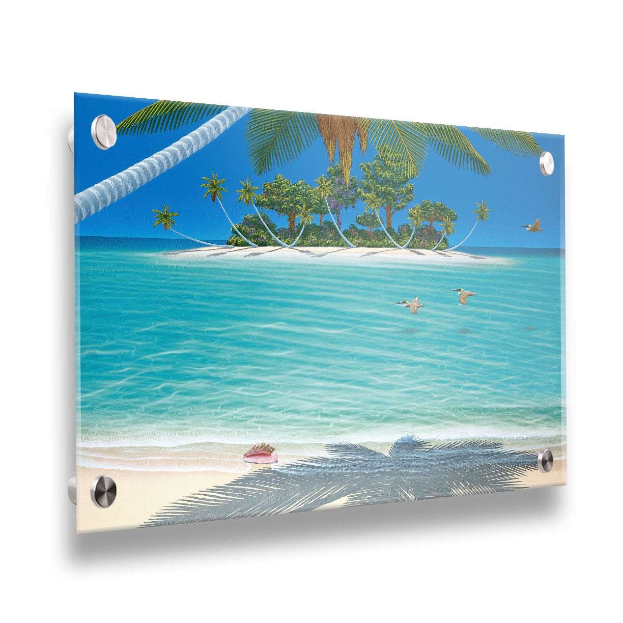 A painting of a beach scene, looking out over the sea toward an island. Palm trees grow reaching out over the ocean, and three pelicans fly low over the water. Printed on acrylic.