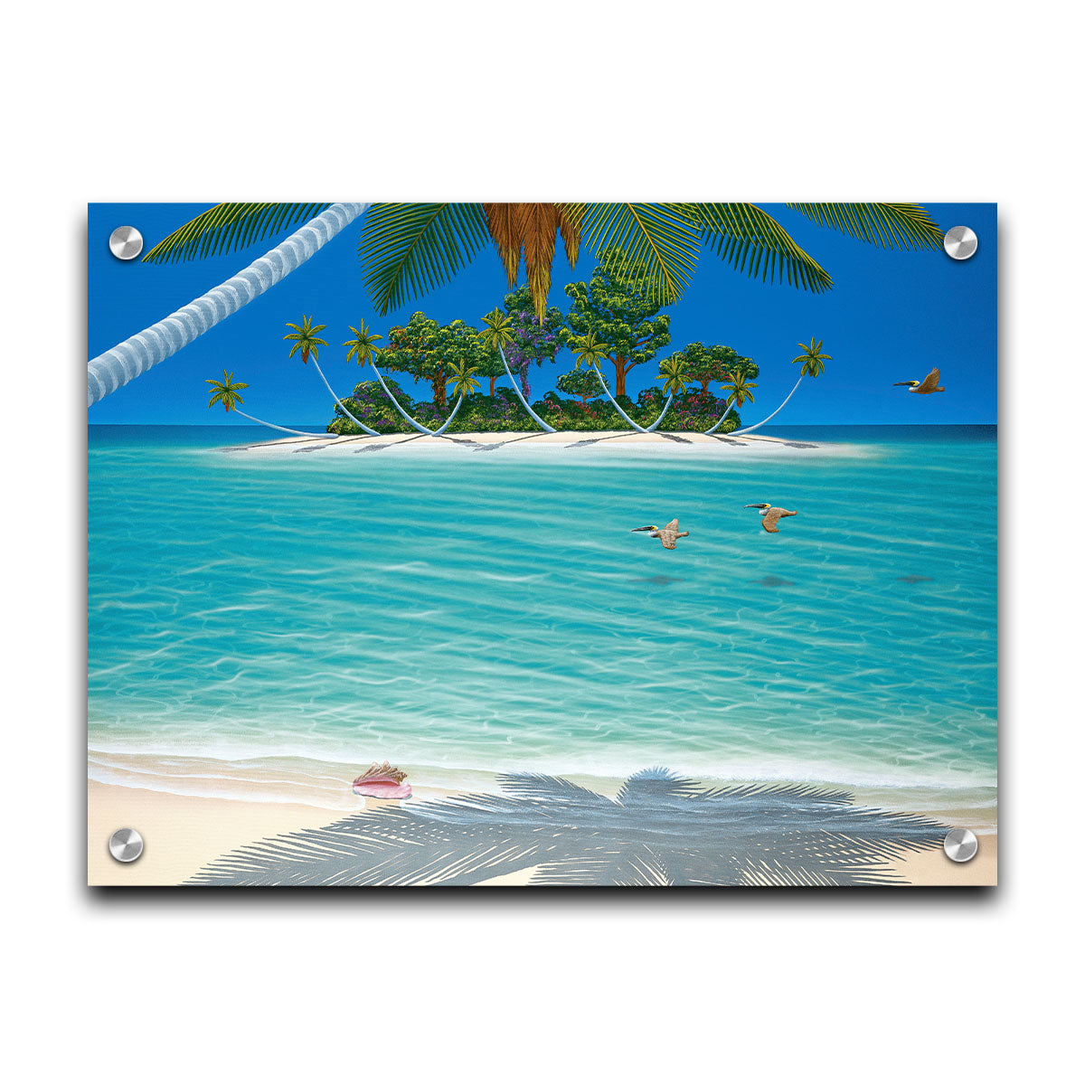 A painting of a beach scene, looking out over the sea toward an island. Palm trees grow reaching out over the ocean, and three pelicans fly low over the water. Printed on acrylic.