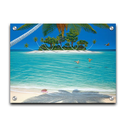 A painting of a beach scene, looking out over the sea toward an island. Palm trees grow reaching out over the ocean, and three pelicans fly low over the water. Printed on acrylic.