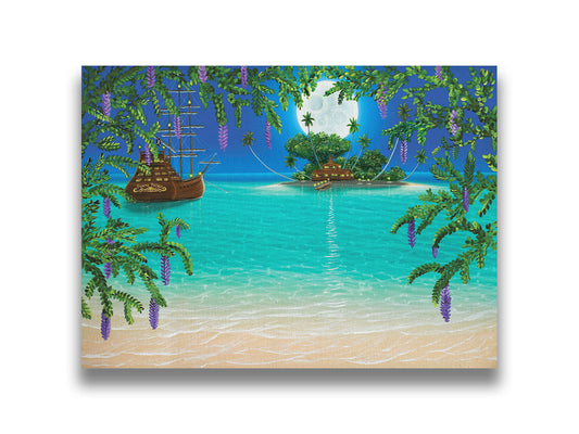 A painting of the view from a beach bordered by wisteria flowers. A hut is lit by torches on an island in the distance, and a large wooden ship is anchored nearby under the moonlit sky. Printed on canvas.