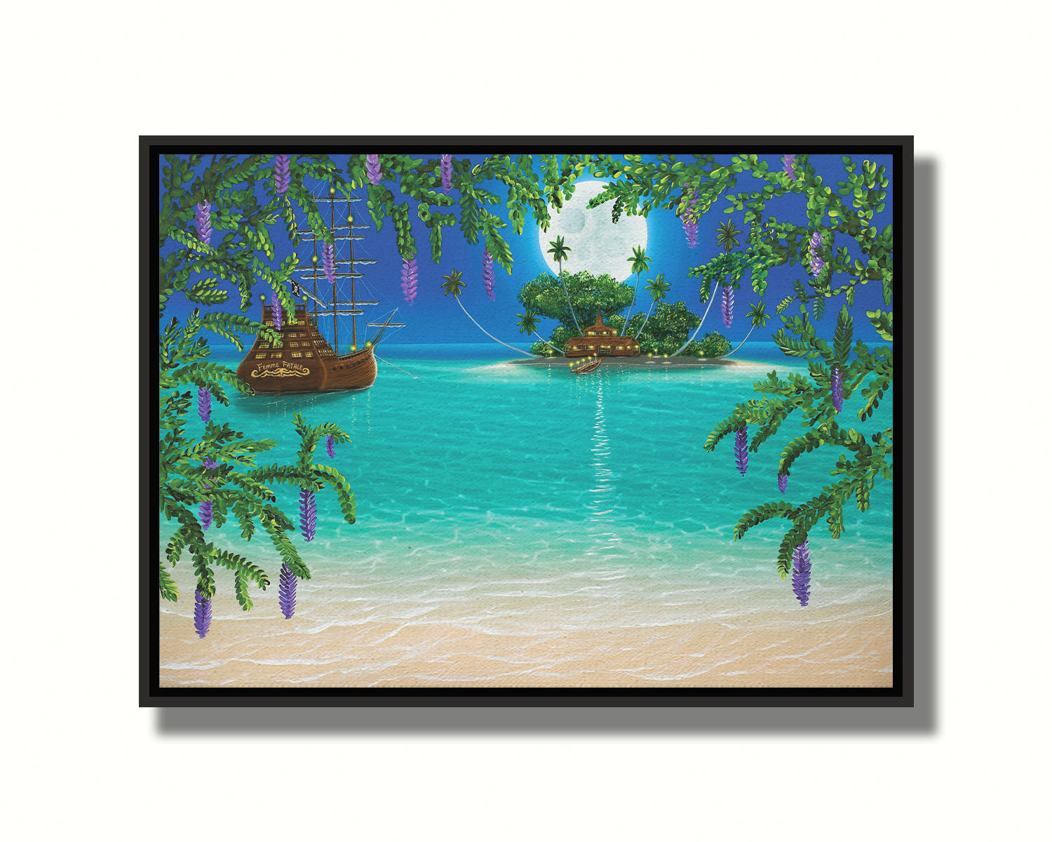 A painting of the view from a beach bordered by wisteria flowers. A hut is lit by torches on an island in the distance, and a large wooden ship is anchored nearby under the moonlit sky. Printed on canvas in a float frame.