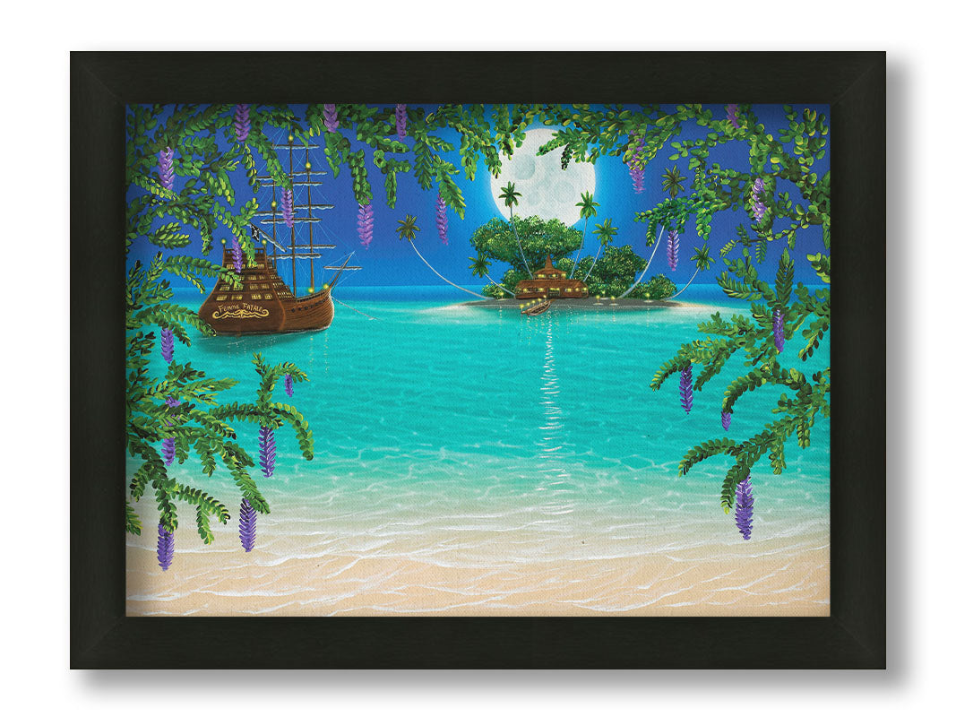 A painting of the view from a beach bordered by wisteria flowers. A hut is lit by torches on an island in the distance, and a large wooden ship is anchored nearby under the moonlit sky. Printed on canvas and framed.