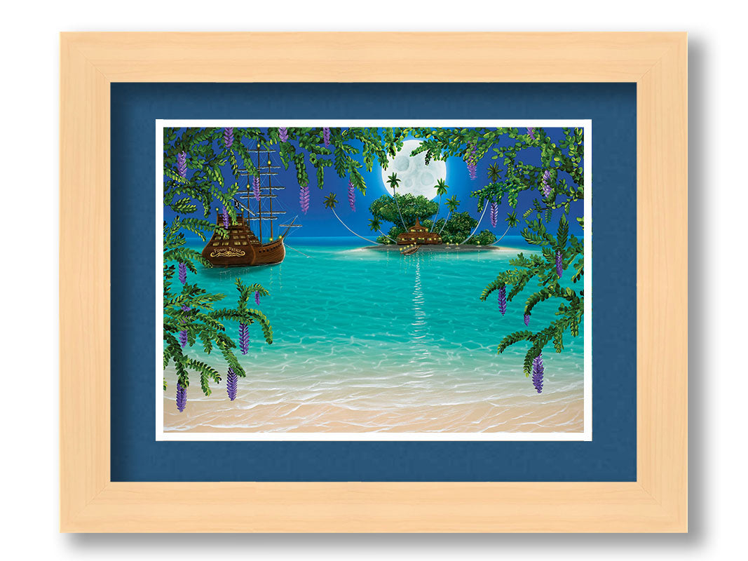 A painting of the view from a beach bordered by wisteria flowers. A hut is lit by torches on an island in the distance, and a large wooden ship is anchored nearby under the moonlit sky. Printed on paper, matted, and framed.