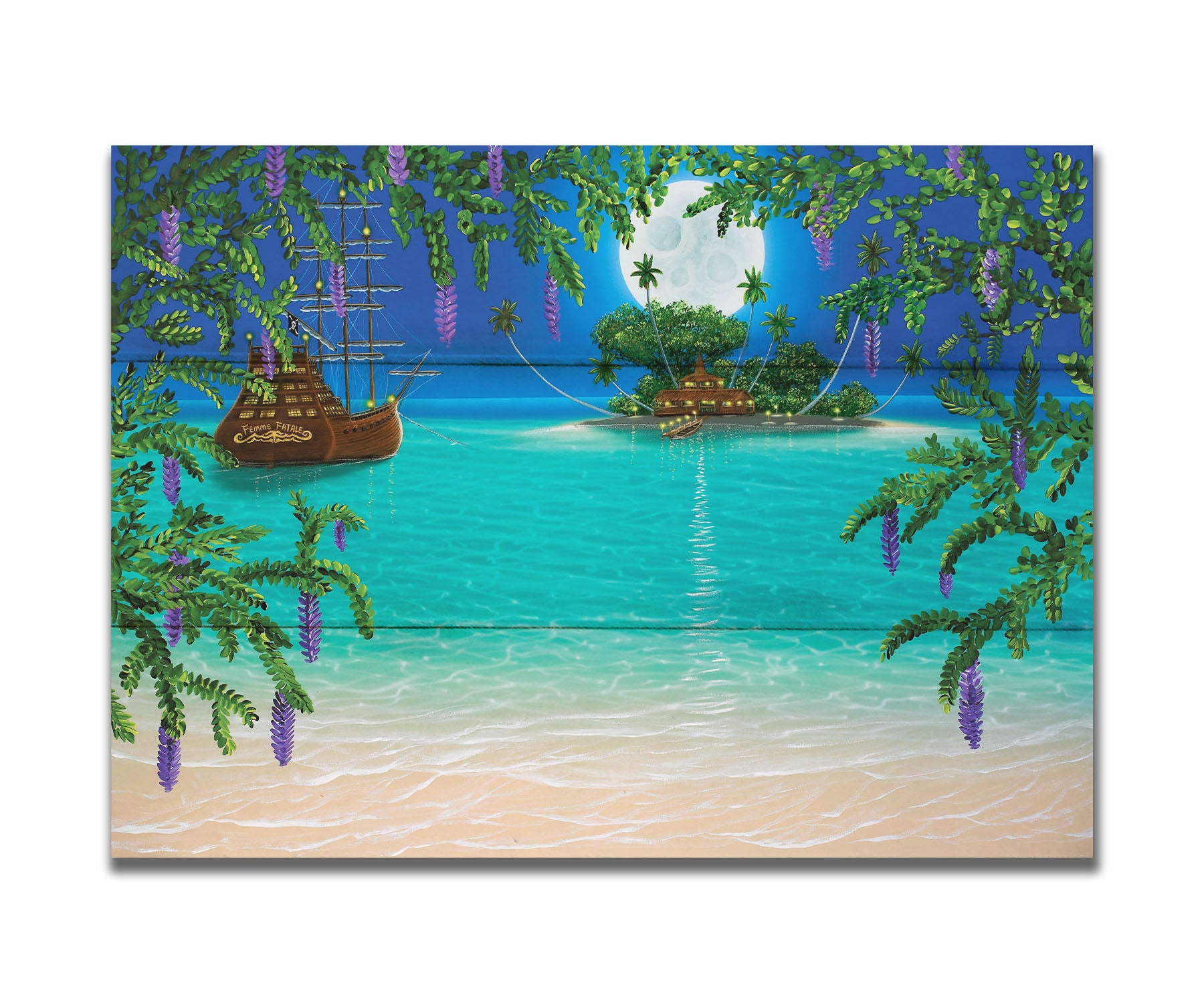 A painting of the view from a beach bordered by wisteria flowers. A hut is lit by torches on an island in the distance, and a large wooden ship is anchored nearby under the moonlit sky. Printed on a box board.