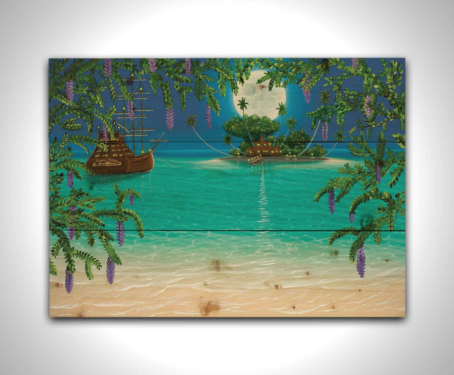 A painting of the view from a beach bordered by wisteria flowers. A hut is lit by torches on an island in the distance, and a large wooden ship is anchored nearby under the moonlit sky. Printed on a wood pallet.