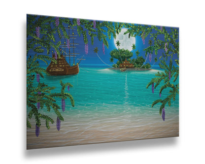 A painting of the view from a beach bordered by wisteria flowers. A hut is lit by torches on an island in the distance, and a large wooden ship is anchored nearby under the moonlit sky. Printed on metal.