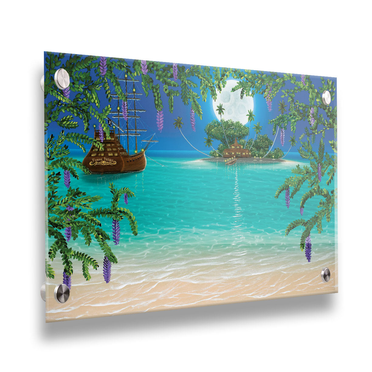 A painting of the view from a beach bordered by wisteria flowers. A hut is lit by torches on an island in the distance, and a large wooden ship is anchored nearby under the moonlit sky. Printed on acrylic.