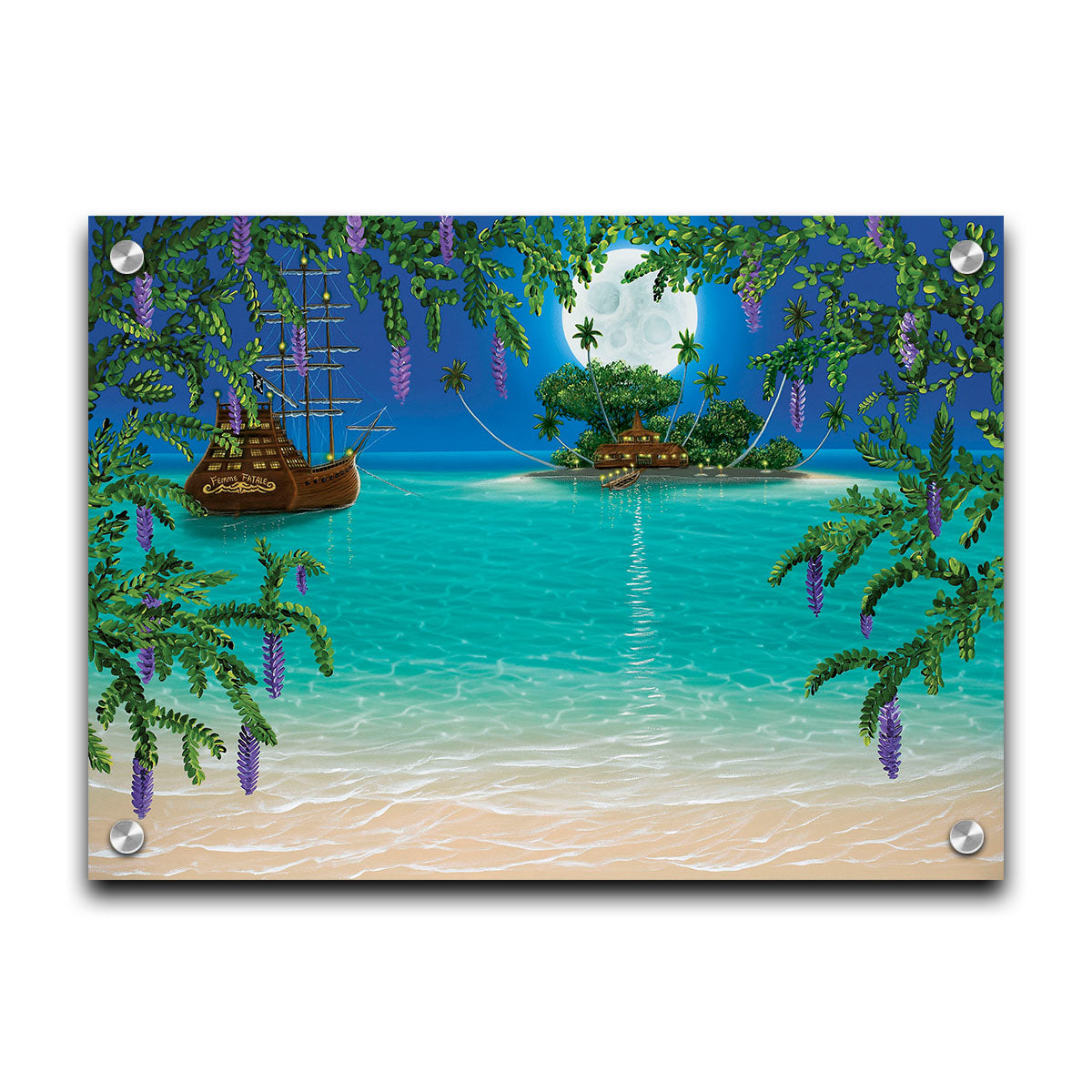 A painting of the view from a beach bordered by wisteria flowers. A hut is lit by torches on an island in the distance, and a large wooden ship is anchored nearby under the moonlit sky. Printed on acrylic.