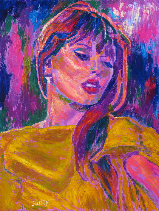 A colorful impressionist portrait painting of pop musician Taylor Swift.