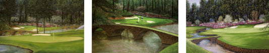 A three-panel painting of golf course holes 11, 12, and 13 of Augusta National Golf Club in Augusta, Georgia, USA.