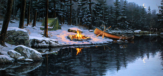 A painting of a snowy forest campsite with a campfire and canoe by a lake, surrounded by pine trees.