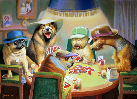A painting depicting five dogs sitting around a table, sing chairs like humans. They are wearing human hats and jewelry, and are playing cards.