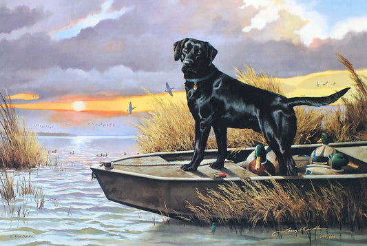 A painting of a black Labrador retriever dog standing in a small boat. The boat is filled with decoy ducks for hunting.