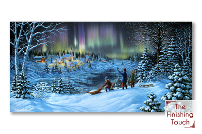 A landscape painting of three people standing on a snowy, forested hillside at night to watch an aurora. A small town is situated across a frozen lake.
