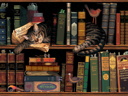 A whimsical painting of a cat sleeping on a bookshelf, nestled between the titles and knick-knacks. 