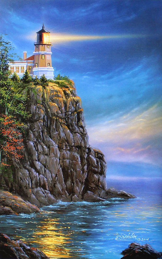 A painting of Split Rock Lighthouse in Minnesota, USA, illuminating the night sky and reflecting its radiance on the waters of Lake Superior.