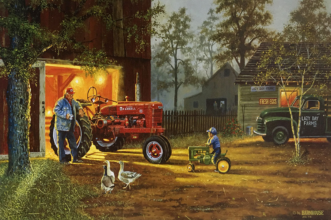 A painting of a farm landscape scene. An elderly farmer leans against his tractor's tire and talks to a child outside the barn on the family farm. The child is riding a toy tractor, aspiring to be like the farmer.