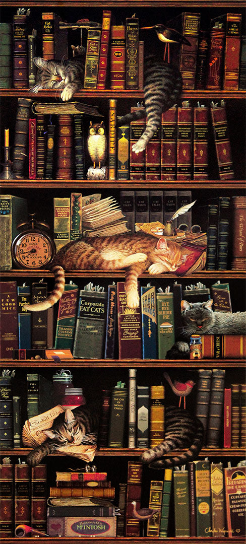 A painting of cats sleeping on a bookshelf, nestled between books on various cat-related topics.