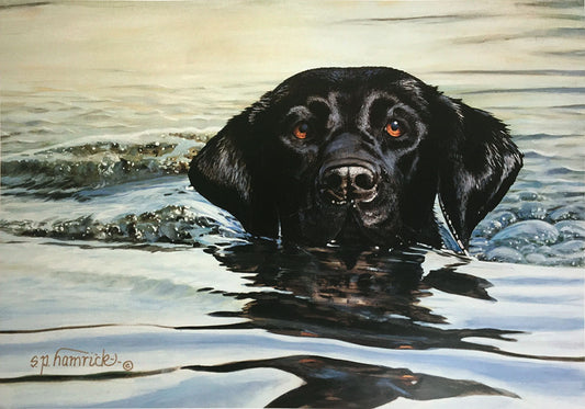 A painting of a black lab dog swimming through the water.