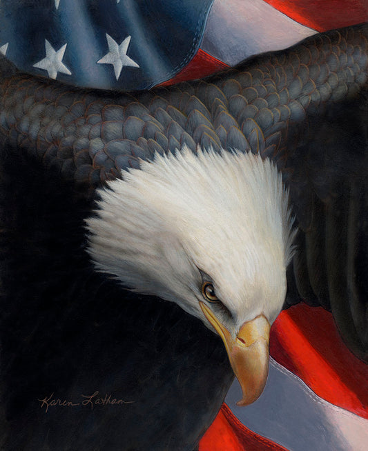 A closeup portrait painting of a bald eagle, set against a backdrop of the American Flag.