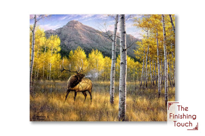A painting of an elk calling in an aspen forest at the foot of a mountain.