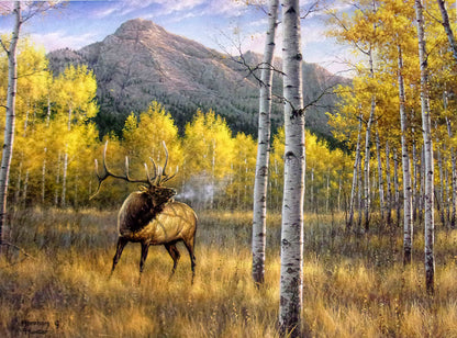 A painting of an elk calling in an aspen forest at the foot of a mountain.