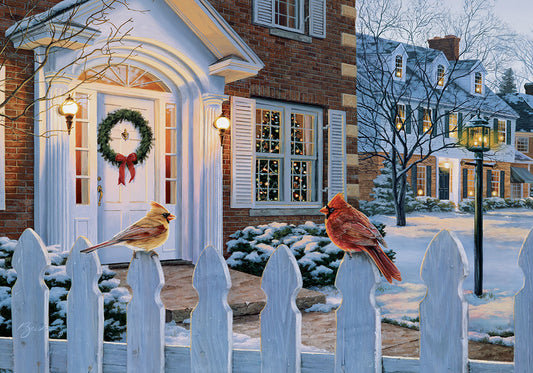 A painting of a serene wintry landscape, with charming details of Christmas trees peeking through the windows and two cardinals singing joyfully atop a white picket fence.