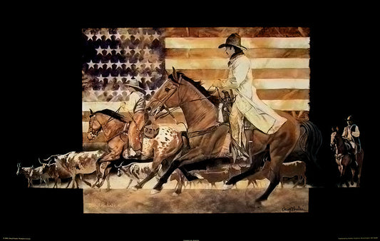 A painting of late 1860s cowboys on their horses driving a herd of cattle, with the USA flag from the time in the background.