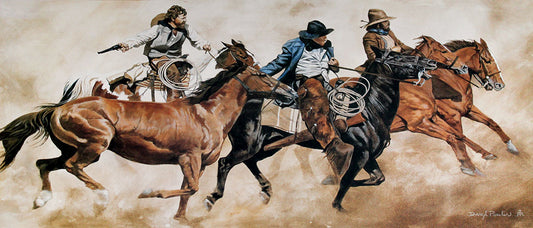 Painting depicting USA wild west outlaws riding horses through a dusty scene, making their getaway.