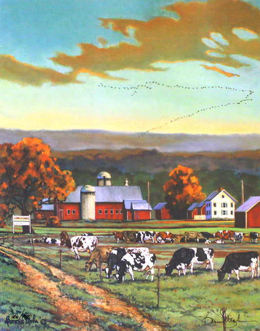 A landscape painting of a Land O'Lakes cooperative farm. Cattle graze in colorful pastures in the foreground, with archetypal red barns and sheds behind them.
