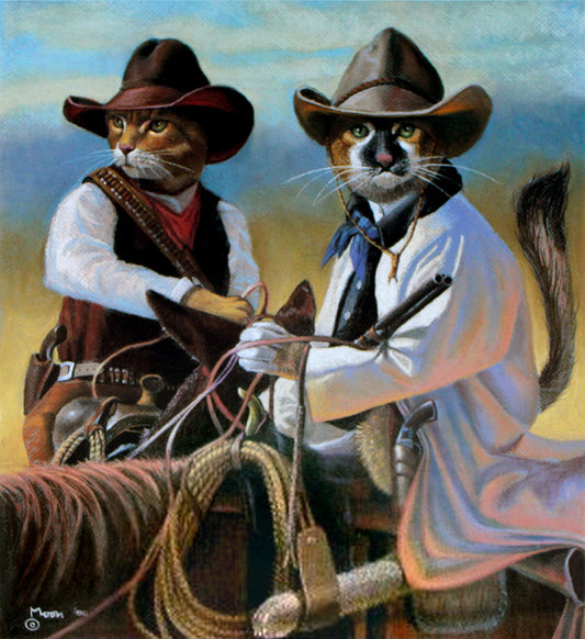 A painting of infamous historical American criminals known best as "Butch Cassidy" and the "Sundance Kid" as cats. These feline bandits, dressed in full Western attire, ride horses to carry out their daring train and bank robberies, just like the infamous members of the "Wild Bunch."