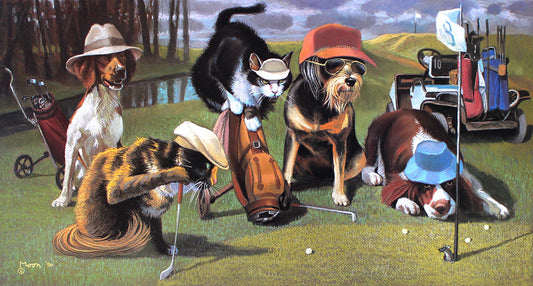 A whimsical painting of dogs and hats playing golf. They are wearing human accessories such as hats and sunglasses, and surround the 8th hole, from which a mouse peeks.