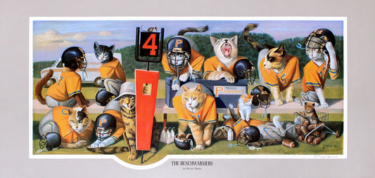 Painting of cats in gridiron football uniforms and gear on the bench.