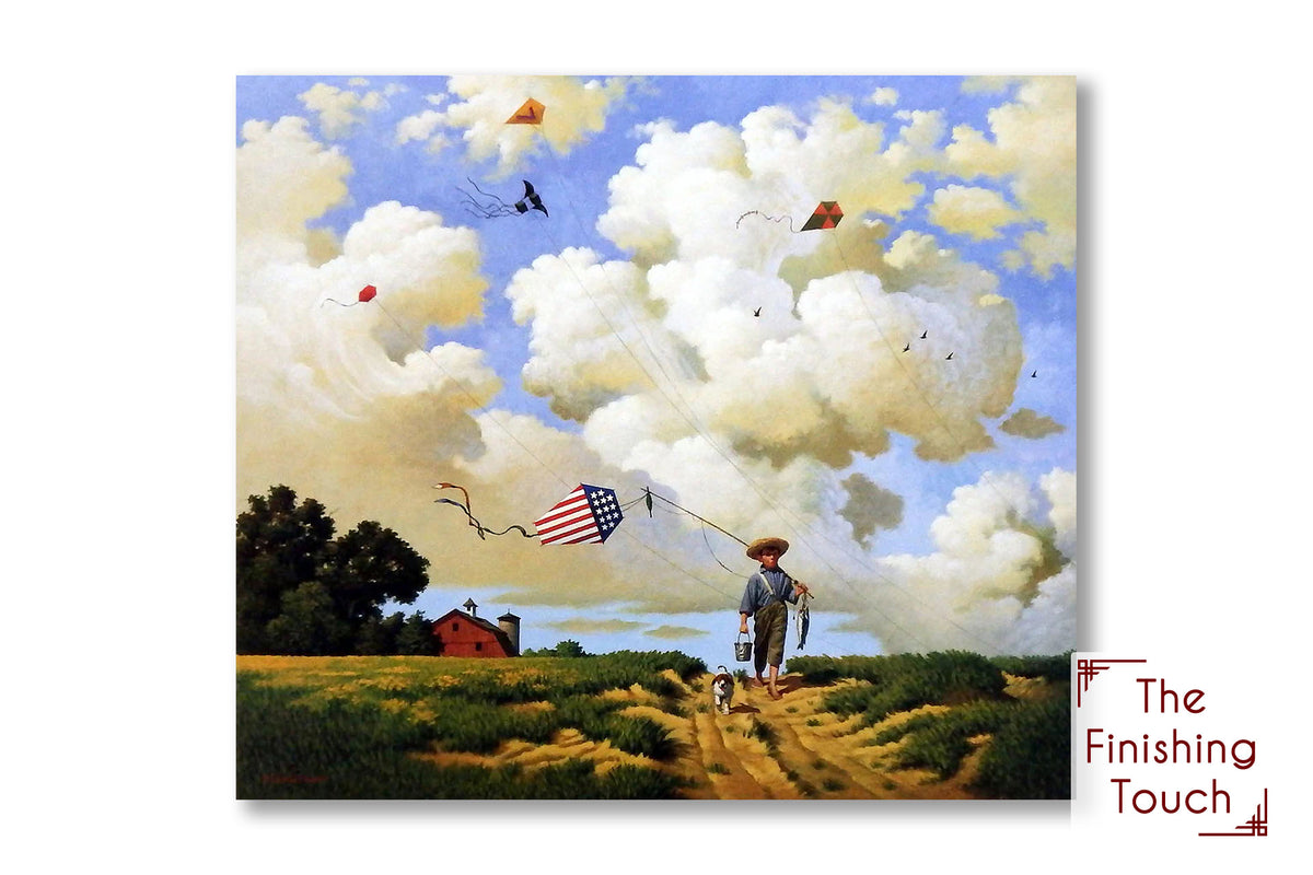 A painting of a child walking alongside a dog. There are kites in the sky, and the child is carrying a kite, fishing pole, and fish.