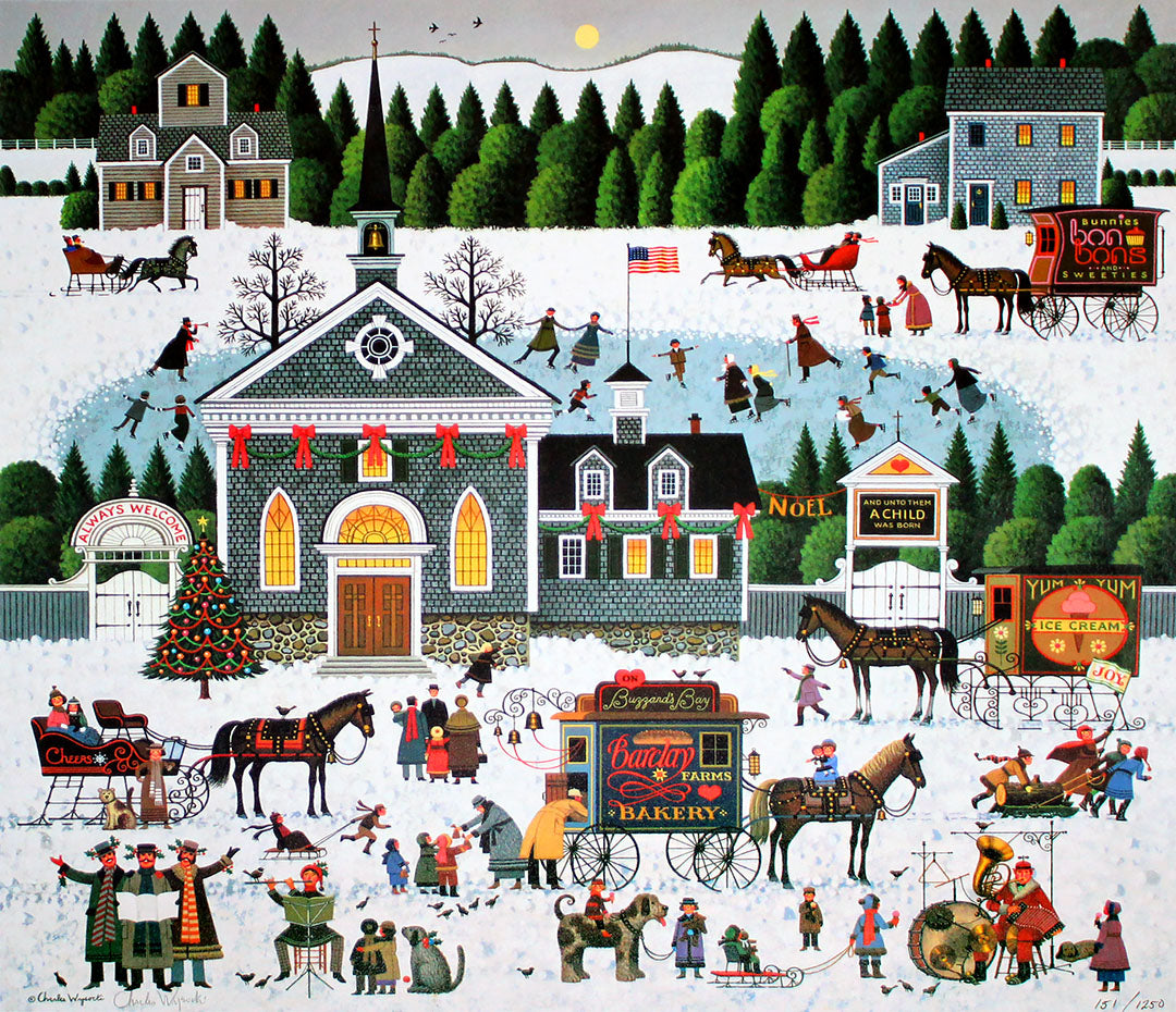 A painting of a town on a snowy Christmas day. This artwork features a church and bustling churchyard scene, filled with people sledding, caroling, playing instruments, and ice skating. The pseudo-naive art style give it a storybook-like appearance.