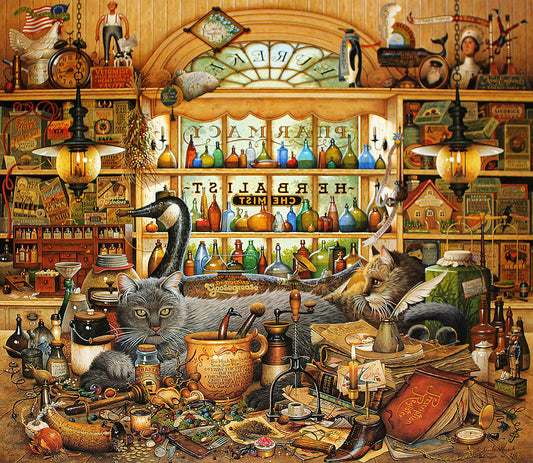 An illustration of two cats lying on a cluttered table of an old-fashioned pharmacy, with a window sign reading "Eureka Pharmacy, Herbalist, Chemist." The table and shelves contain references to many products once believed to be true remedies.