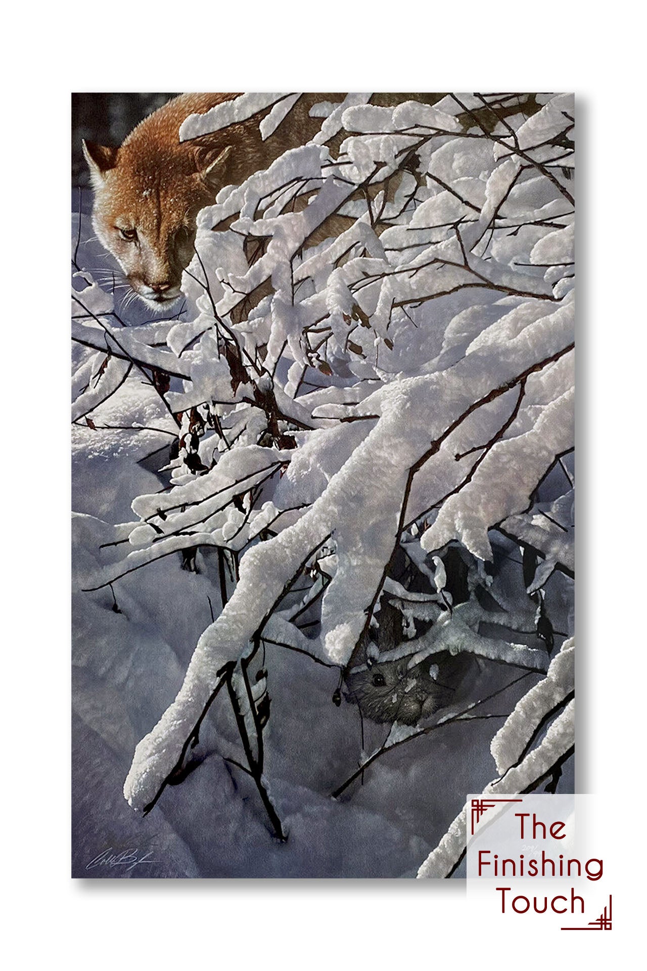 A painting of a rabbit in the snow under some brush, hiding from a cougar stalking nearby.