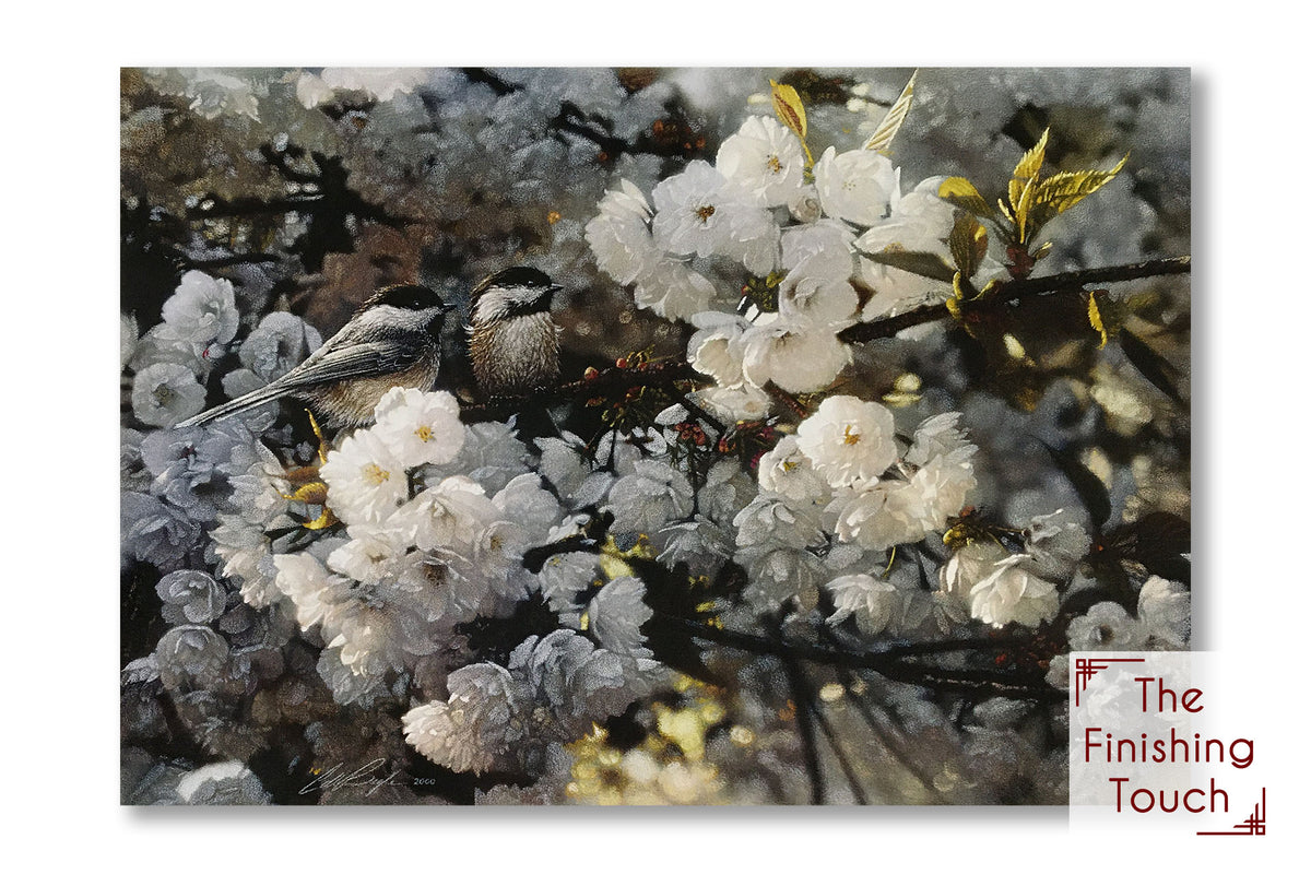 A painting of two black-capped chickadee birds perched on a white blossoming tree branch.