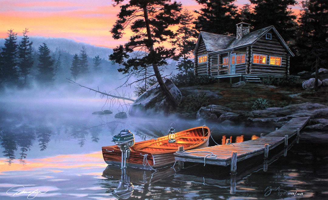 A painting of a foggy evening at the lake. A cabin is constructed on a slight hill nearby, and there is a small board tethered to the dock. The colors of the sunset reflect on the water.