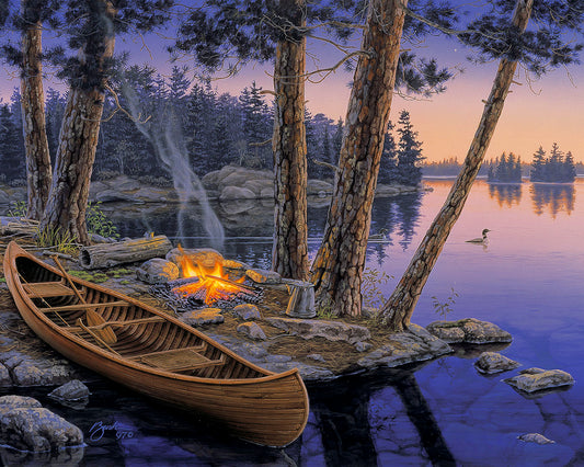 Painting of a wooden canoe by a campfire on a lakeside with trees and a sunset.