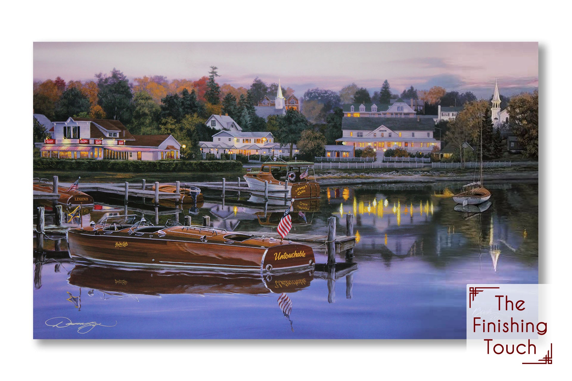 A landscape painting of a historic Hacker Craft brand wooden motorboat docked in the evening.