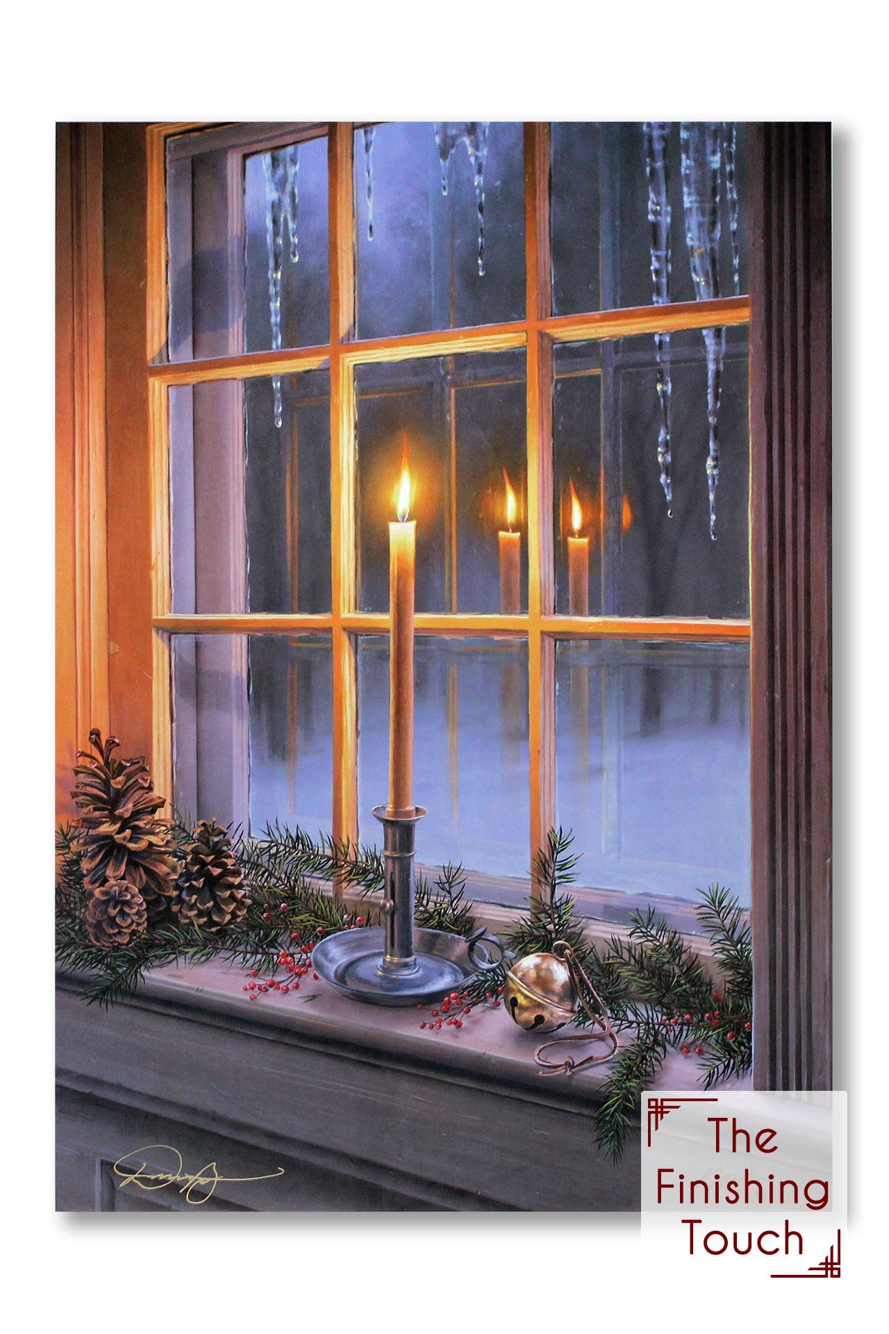 A still life painting of a candlestick on a window stool alongside pine cones, pine needles, and a bell. The ground outside is covered in snow, and icicles hang from the roof.