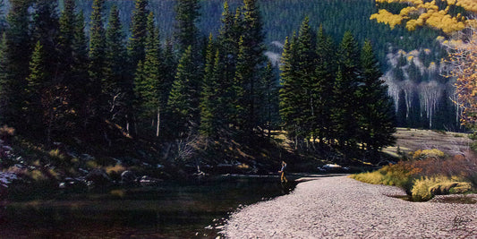 A landscape painting of a river through an evergreen forest in fall, with a person fishing in the shallow waters.